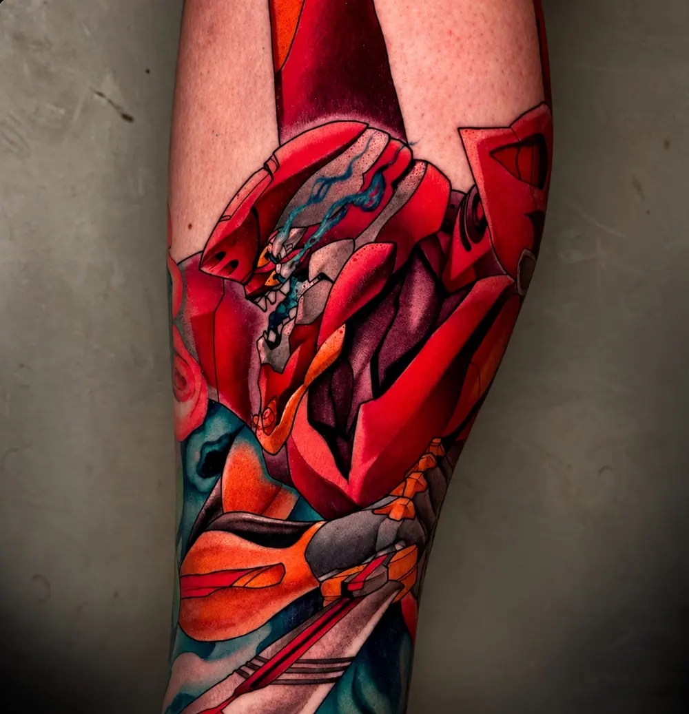 Anime leg tattoo: the red Evangelion mecha in saturated color